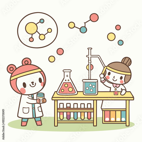 Two adorable cartoon scientists are conducting experiments in a laboratory, isolated on they are wearing lab coats and using scientific equipment