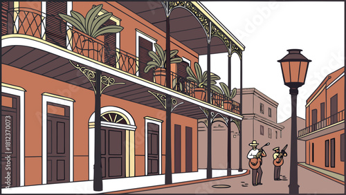 New Orleans French Quarter Balconies Jazz Retro Design – Southern Charm Cultural Heritage Vintage Americana Vibrant City Vector Art