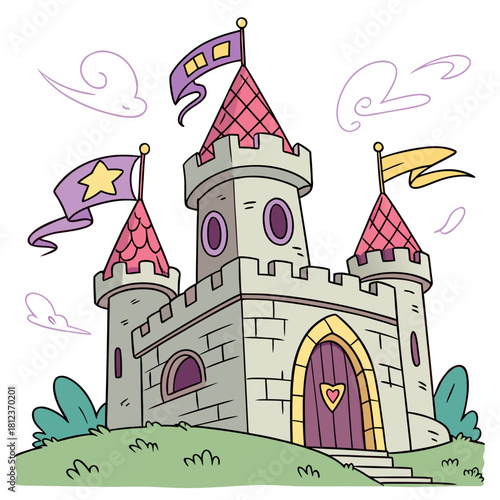 Whimsical cartoon castle with flags isolated on, perfect for childrens illustrations, fairy tales, and fantasythemed designs