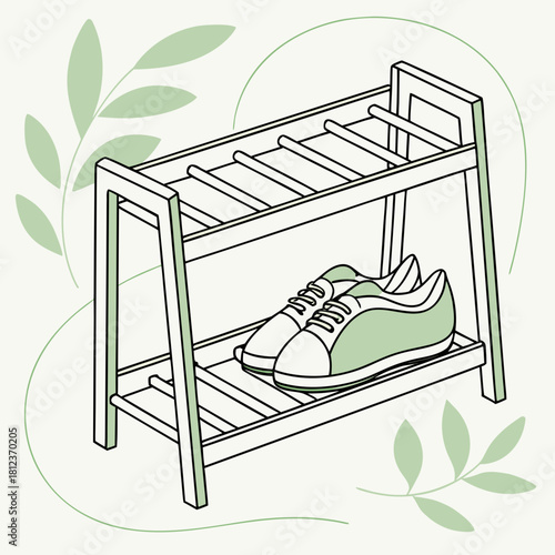 Illustration of a twotier shoe rack with a pair of sneakers on the top shelf, surrounded by leaves, creating a neat and organized storage solution