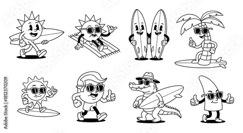 A playful collection of cartoon characters, isolated on, embodies the carefree spirit of summer with surfing, sunbathing, and tropical vibes in black and white
