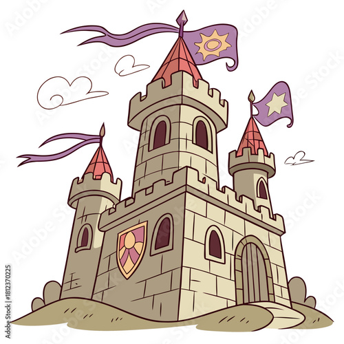 A charming cartoon castle with flags, towers, and a coat of arms, set against a clean, creating a whimsical and inviting fairytale scene
