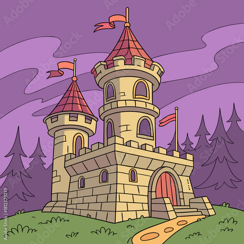 A majestic cartoon castle with towers, flags, and a winding path, set against a whimsical purple sky and a forest of evergreen trees, creating a fairytale scene