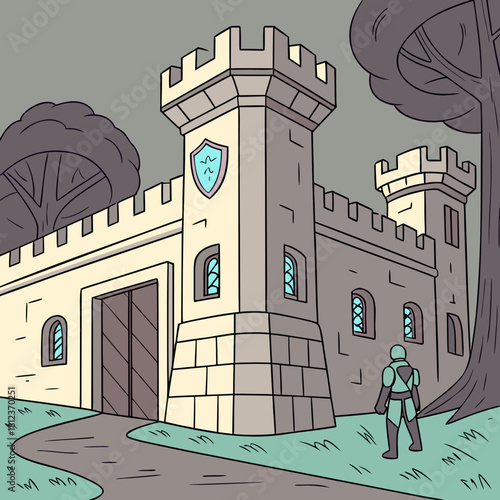 A captivating cartoon illustration of a medieval castle with a knight standing guard, set against a backdrop of trees and a winding path, fantasy scene
