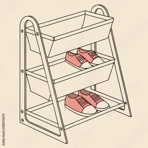 A charming illustration showcases a shoe rack with two pairs of sneakers, rendered in a minimalist line art style on a soft beige background, simple and clean