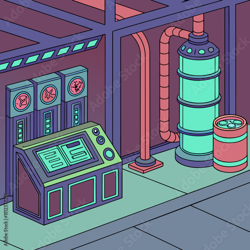 A futuristic control room interior in a cartoon style, perfect for illustrating science fiction, technology, or gaming with a modern, eyecatching design