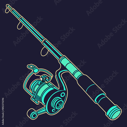 A fishing rod and reel in a cartoon style, perfect for illustrating fishing, recreation, or outdoor activities with a modern, eyecatching design