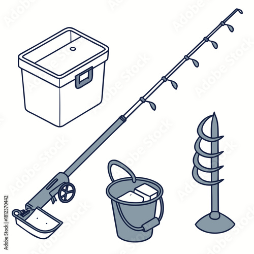 Isometric illustration of ice fishing equipment isolated on, including a fishing rod, tackle box, bucket, and ice auger for a successful winter fishing trip