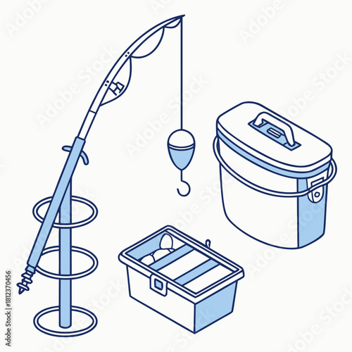 A captivating illustration showcasing a fishing equipment set, complete with a rod, a bobber, a tackle box, and a cooler, all rendered in a modern design