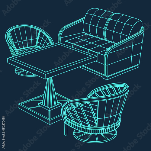 A captivating wireframe illustration showcasing a stylish outdoor furniture set, complete with a cozy sofa, a table, and two chairs, all rendered in a modern design