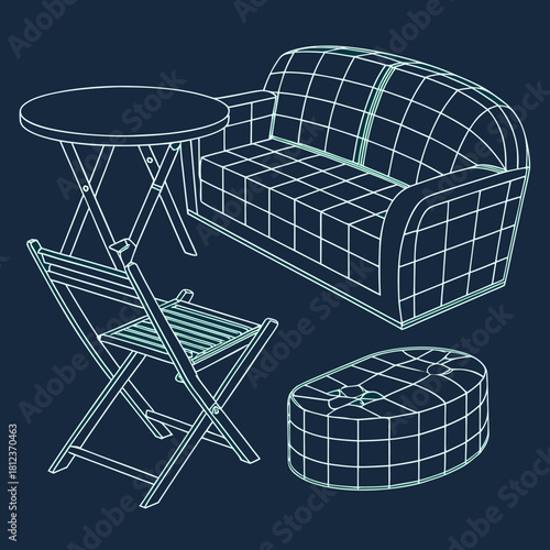 A captivating wireframe illustration showcasing a stylish outdoor furniture set, complete with a cozy sofa, a round table, a chair, and a comfortable ottoman, all rendered in a modern design