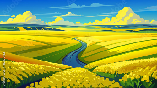 Very beautiful yellow canola fields stretching across the open plains of North Dakota, glowing under bright summer sunlight and creating a vibrant landscape of golden blossoms beneath a clear blue sky