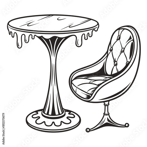 Elegant table and chair set illustration isolated on, showcasing a stylish design for interior decor and furniture arrangement