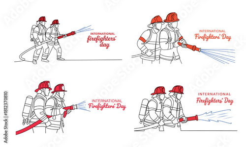 Firefighter team line art illustration with emergency water hose action
