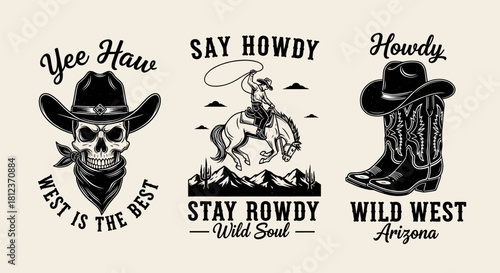Set of wild west themed illustrations featuring cowboy skulls, riders, and boots, perfect for western designs and apparel, isolated on