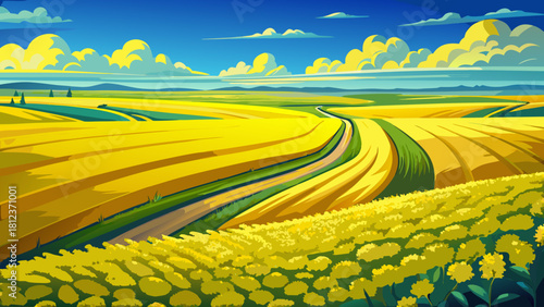 Very beautiful yellow canola fields stretching across the open plains of North Dakota, glowing under bright summer sunlight and creating a vibrant landscape of golden blossoms beneath a clear blue sky