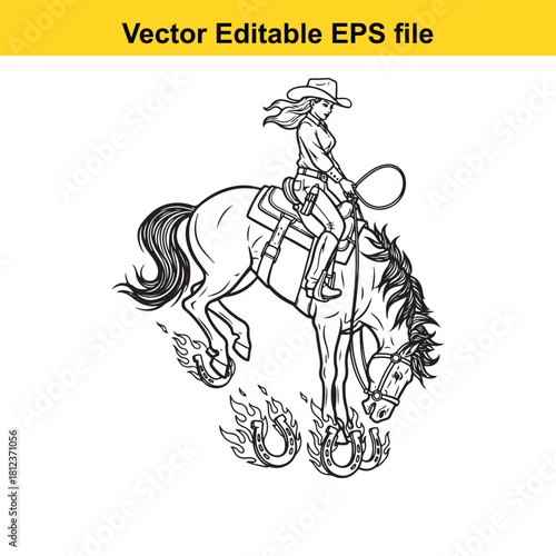 Black and white line art vector illustration of a cowgirl riding a bucking bronco horse with flaming horseshoes, isolated on