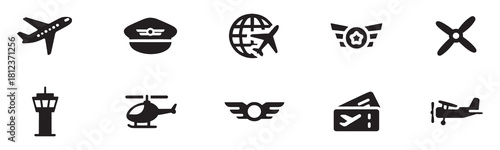 Aviation icon set. Aviation and travel silhouette icons set. Vector Illustration.