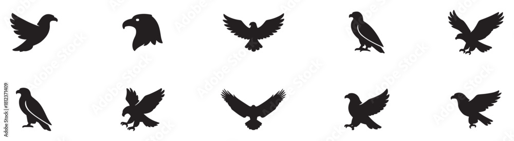 Obraz premium Eagle Vector Illustration Set, Black and White Silhouettes. Collection of 10 Different Eagle Poses, Perfect for Logos, Designs, and More. Vector Illustration.