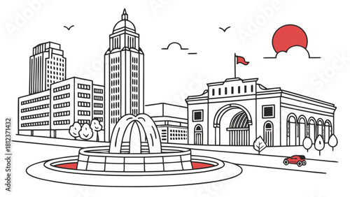 Kansas City fountain skyline clean minimal design