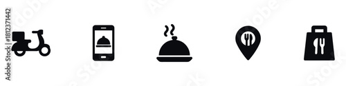 Food delivery icons set. Featuring scooter driver, gps, timer, mobile order, and takeout box. Vector Illustration.