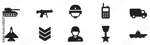 Military icon set. Army icon. Military icons set: helmet, dog tags, rifle, grenade, tank, jet, anchor, eagle, medal, camouflage, radio, boots. Vector Illustration. 