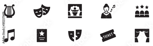 Theater Icon Set. Theater rehearsal. Line outline icon set of theater rehearsal: actor, stage, script, mask. vector Illustration. 