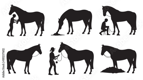 Horse and human interaction silhouette set vector illustration showing various activities isolated on white background