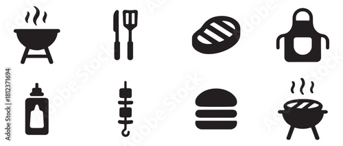 BBQ icon set. Grilling icon set. Grill bbq vector icon set. Vector Illustration