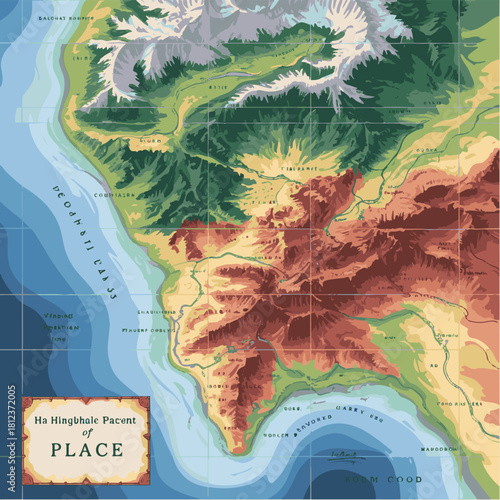 Detailed topographic map with highlands and lowlands