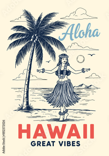 Vintage hawaiian poster with hula dancer, palm tree, and ocean waves, evoking aloha spirit and great vibes, perfect for travel, tourism, and retro design projects