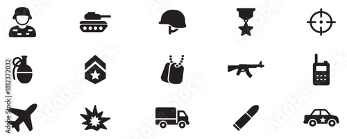 Military icons set: helmet, dog tags, rifle, grenade, tank, jet, anchor, eagle, medal, camouflage, radio, boots. Vector Illustration. 