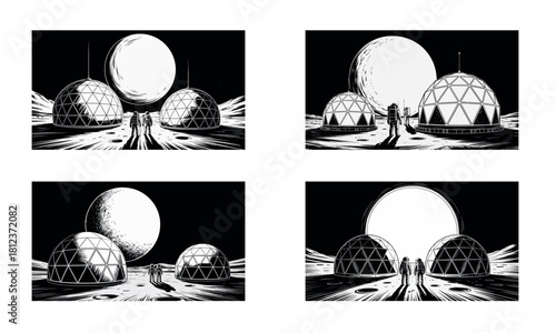 Futuristic moon base illustration with geodesic domes and large planet
