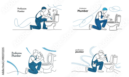 Plumber illustration showing worker repairing toilet in bathroom
