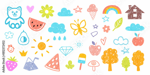 Colorful hand drawn doodles of cute objects for children