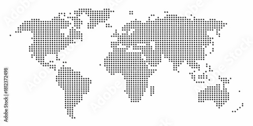 World map composed of dark dots on a white background