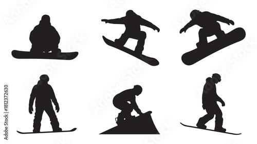 Set of snowboarder silhouettes in various poses vector illustration for winter sports and recreational activities isolated on white background
