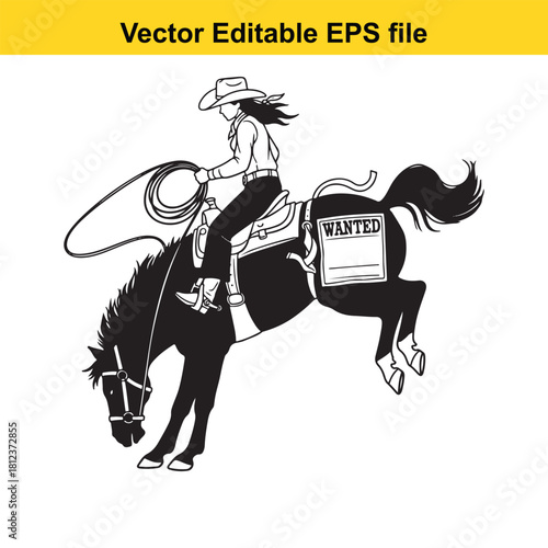 Black and white vector illustration of a cowgirl riding a bucking bronco horse with a wanted poster attached to the saddle, isolated on