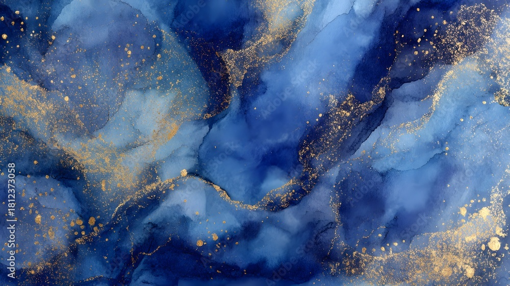 Obraz premium Blue and gold abstract watercolor background. Blue abstract watercolor background with gold glitter. Liquid marble pattern.