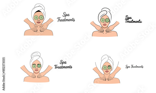 Spa treatment illustration with woman relaxing with facial mask and cucumbers
