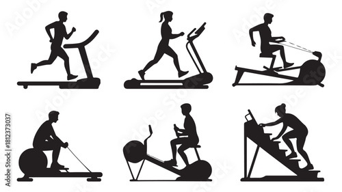 Set of fitness machine icons silhouette vector illustration of people using gym equipment isolated on white background