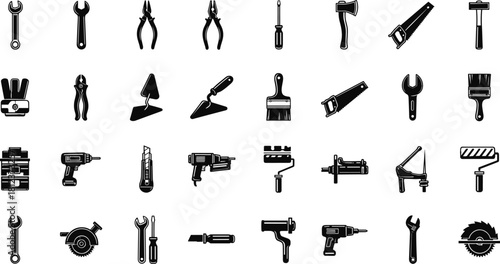 Construction Tool Icons Vector Set, Handyman Equipment Silhouette Collection including Drill, Saw, Hammer, and Wrench, Black and White Repair Symbols