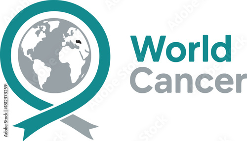 World cancer awareness day graphic featuring globe and ribbon logo