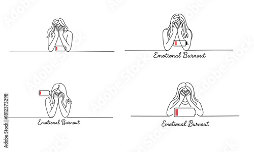 Emotional burnout illustration with stressed woman covering face in line art
