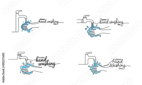 Hand washing illustration with water faucet and hands cleaning with soap
