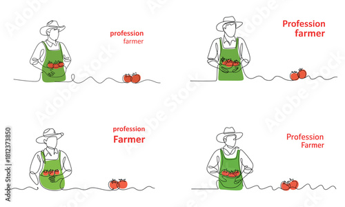 Farmer profession illustration with man holding fresh tomatoes in line art style

