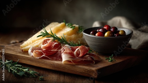board with slices of prosciutto or jamon
