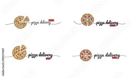 Pizza delivery line art illustration with whole pizza and slice design 
