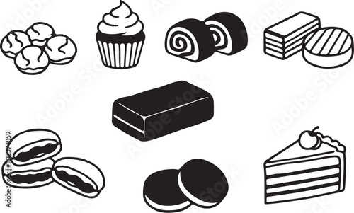 Assortment of Sweet Desserts and Baked Goods Icons In Black and White Keywords: desserts, sweets, baked goods, icons, illustration, cupcake, macarons, cookies, swiss also transparent background