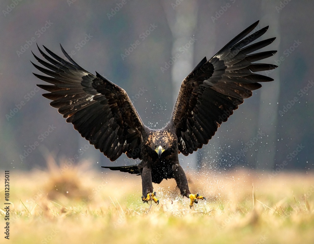 Obraz premium Golden Eagle's Flight: An impressive golden eagle, showcasing its magnificent wingspan, gracefully takes flight in a moment of untamed freedom. Capturing strength and elegance.